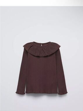 Zara Brown Ribbed Long-Sleeve Top with Ruffle Collar